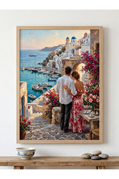 DEKORASOR Santorini Yunan Adaları Manzaralı Romantik Çift Tablosu - Yağlı Boy...