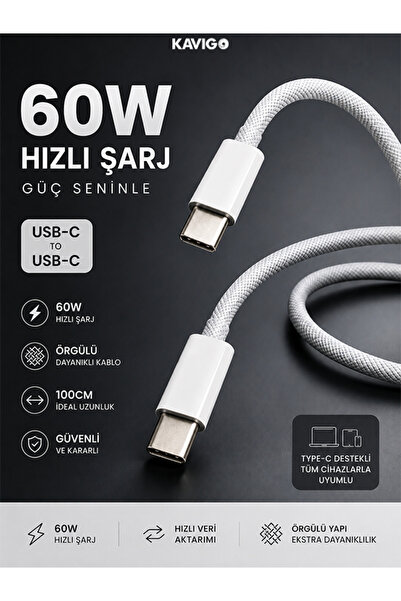 kawigo 60W Şarj Kablosu Type-C to Type-C Hızlı Şarj Kablosu Örgülü Type-C Dat...