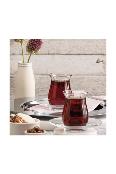 SNA Çay Bardağı 6 Lı 145 cc Tombul İnce Ağızlı Çay Keyfi Bardağı Çizgili Cam ...