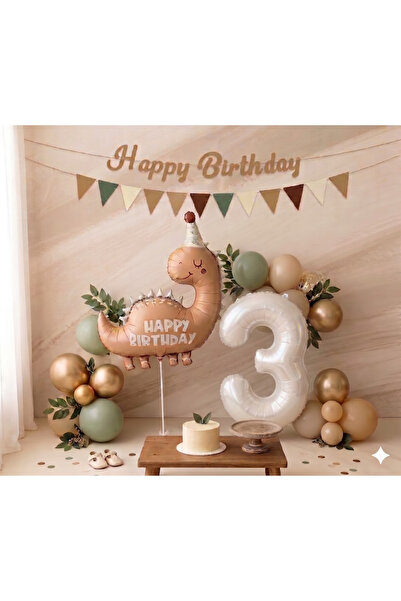 Parti Zamanı Retro dinazor 3 Yaş Krem Gold Yeşil Şeffaf Konfetili Set Balon