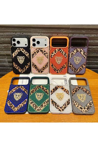 madamcase iPhone 17 Pro Max Compatible Black Color Leopard Patterned Stoned Furry Premium Case