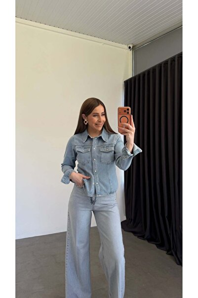 elif teke Sedefli Düğmeli Kot Gömlek Açık Mavi