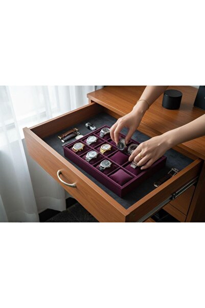 İmpala Kutu Watch and Jewelry Stand with 12 Compartments, Suede Fabric Coveri...