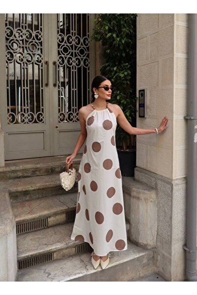 OYERGA MODA فستان ماكسي نسائي أبيض بني منقط برباط على الرقبة