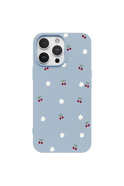 Casen iPhone 16 Pro Max Mavi Lansman Renkli Silikon Kiraz ve Çiçek Desenli Ka...