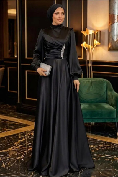 Abiye Diyarı Lusia Stoned Draped Satin Hijab Evening Dress