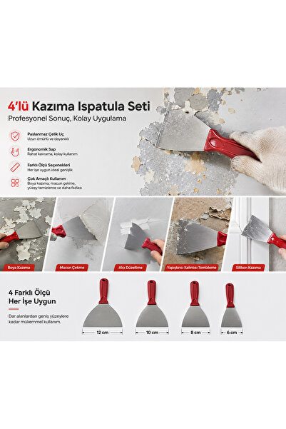 Veka Profesyonel Çelik Kazıma Ispatula Seti 4’lü (6-8-10-12 cm) Duvar Boya Ma...