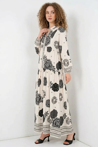 buğrahayalin Women's V-Neck Gathered Waist Floral Patterned Viscose Ecru Hija...