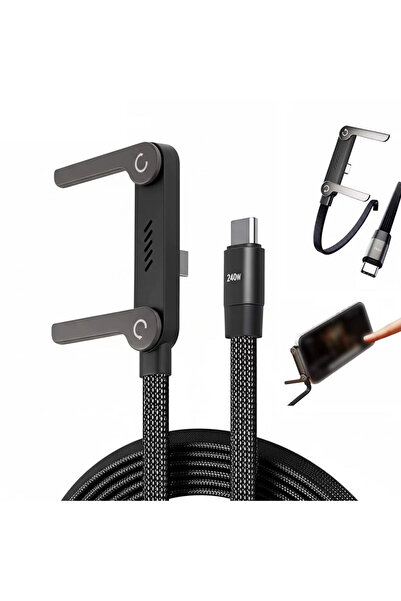 wiks 240W Ultra Hızlı Şarj USB-C Kablo Type-C Kablo – Katlanabilir Telefon Standlı Dayanıklı Şarj Kablosu