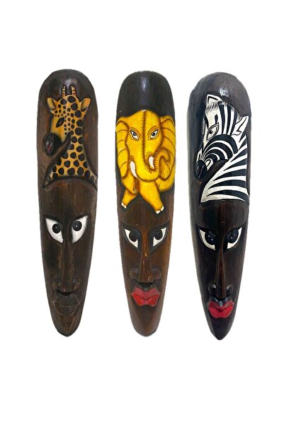 Barc Shop Ahşap Otantik 3 lü Maske Set 50cm Dekoratif Duvar Süsleri Otantik F...