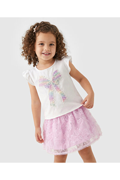 Bonfino Flower Sequined Skirt with Bow Embellished Ruffle Top - Pink & White