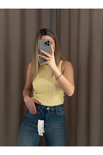AlisBoutique Sıralı Kristal Taş İşlemeli Ribana Örme Atlet