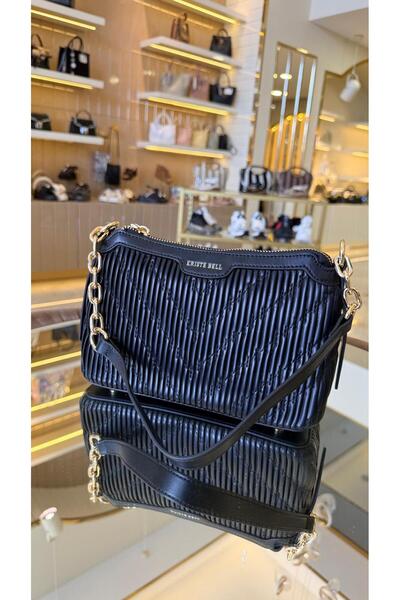 DUYGUSHOESBAG حقيبة متوسطة الحجم بتفاصيل سلسلة ذهبية مخططة مستوردة