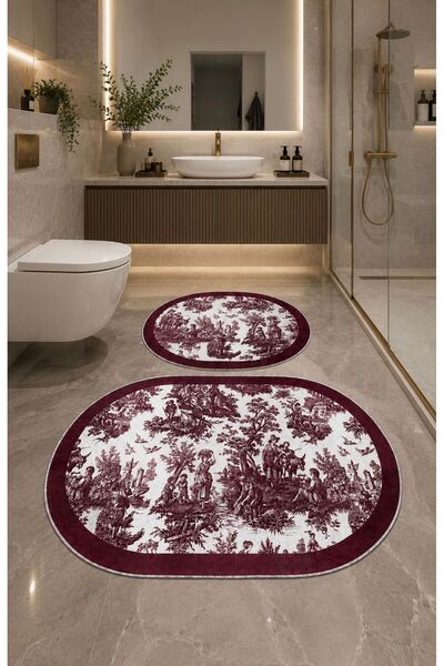 naya home Dekoratif Dijital Baskılı 2 Li Set Banyo Paspası Kaymaz Tabanlı Klo...