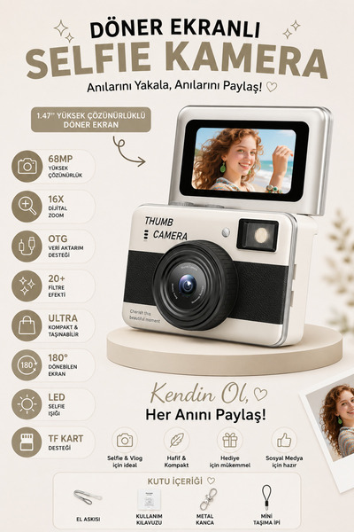 ROBEVE 68MP Dijital Fotoğraf Makinesi | 180° Döner Ekranlı Mini Selfie Kamera...