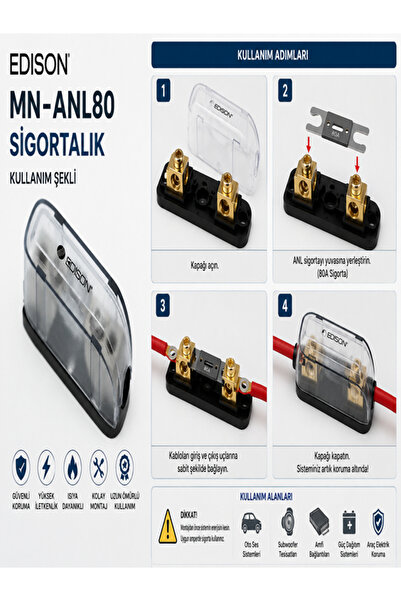 Edison MN-ANL80 ANL Sigortalık 80A Araç Ses Sistemi Güç Sigorta Yuvası Gold K...