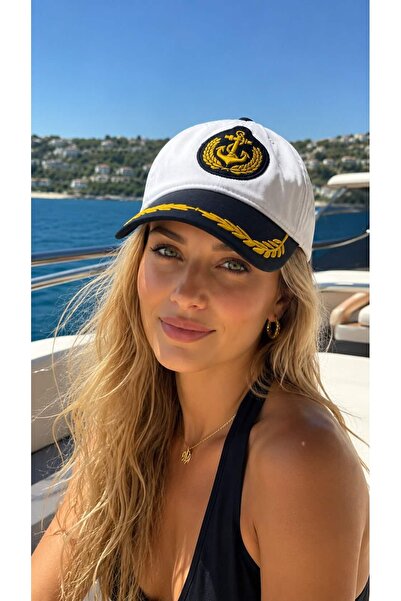 HAZAL KAYA ATELIER White Sailor Captain Embroidered Cap Women's Hat