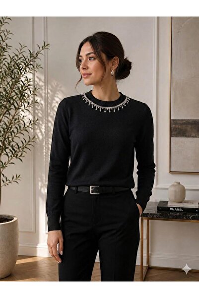 RECEP AYDIN Long Sleeve Crew Neck Sweater with Stone Detail