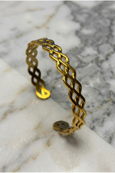 Velcari Women's Double Row Chain Ring Patterned Gold Color Wide Bracelet