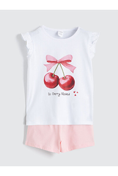 LC Waikiki Giyçık Store White Crew Neck Printed Girls' T-Shirt and Shorts