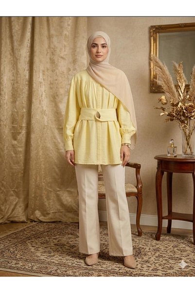 ÇALIŞKAN MODA Leaf Brooch and Belt Decorated Loose Tencel Tunic [Buy Small Size, 75 Cm, Wide Fit]