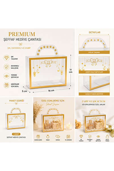 eğlencemarketi Premium Şeffaf Hediye Çantası Gold Detaylı 16x11x5 cm PVC Aset...