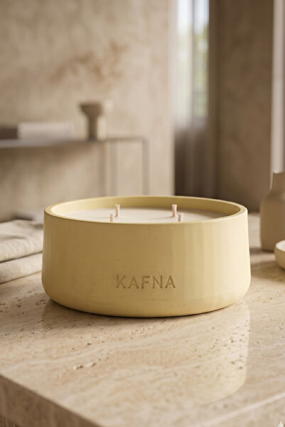 KAFNA Beyaz Sabun Kokulu | Büyük Boy Dekoratif Beton Mum - %100 Soya Wax | Sarı