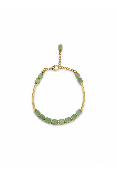 Agatella Tasarım Natural Aventurine Lucky Stone Gold Detailed Women's Bracele...