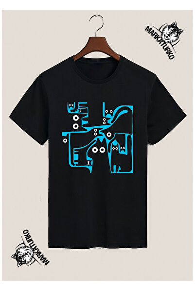 MarkaTurko Cat Themed Special Design Printed Black T-Shirt