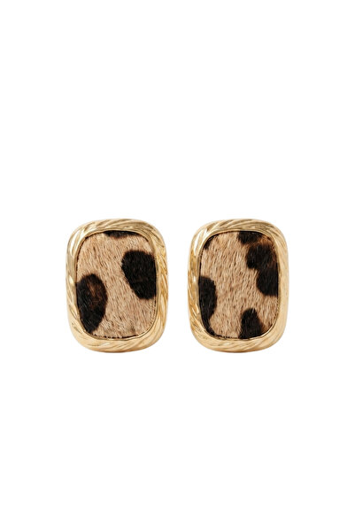 Leopar Desenli Kadife Gold Küpe