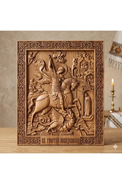 OEM Икона, изваяна от дъб – Свети М. Мак. Джордж – 30 x 25 см