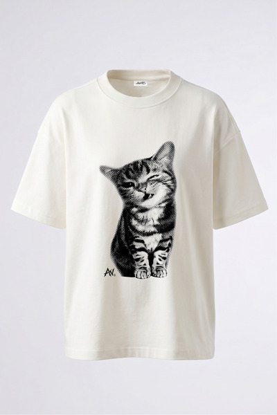 Anetos Vintage Halftone Cat Oversize White Streetwear T-Shirt