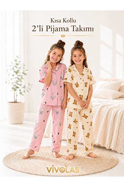 Vivolas Kız Çocuk 2’li Pijama Takımı 7-11 Yaş Kısa Kollu Pamuklu Önden Düğmel...