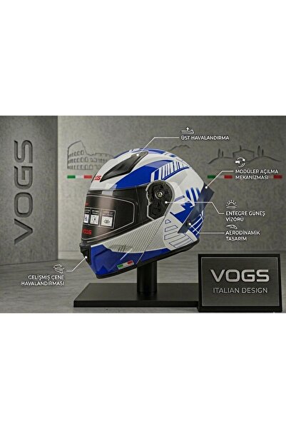 VOGS Ws-210 Güneş Vizörlü Çene Açılır kask beyaz mavi (Şeffaf Vizörlü)