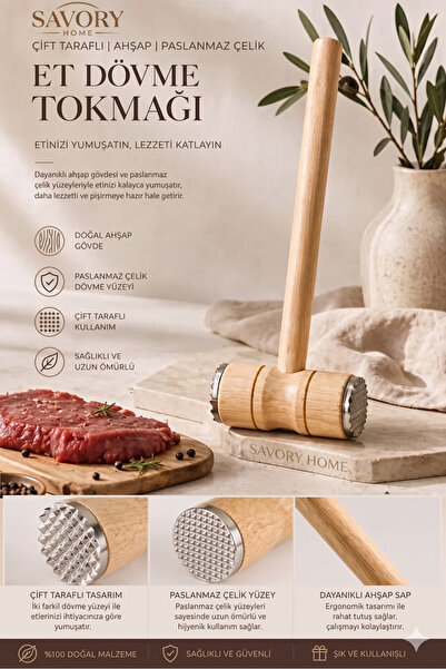 SAVORYHOME Ahşap Et Dövme Tokmağı Çift Taraflı Paslanmaz Çelik Et Yumuşatma Ç...