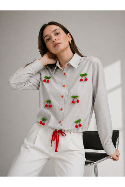 PENGORA Cherry Detailed Comfortable Fit Long Sleeve Lace-Up Women's Shirt