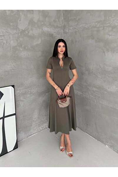 Elaxi فستان نسائي طويل بتفاصيل سحاب أمامي من مودال