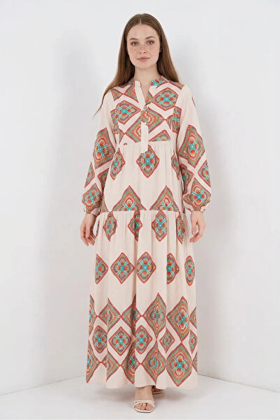 buğrahayalin Women's Shirt Collar, Gathered Waist, Patterned Viscose Beige Hi...