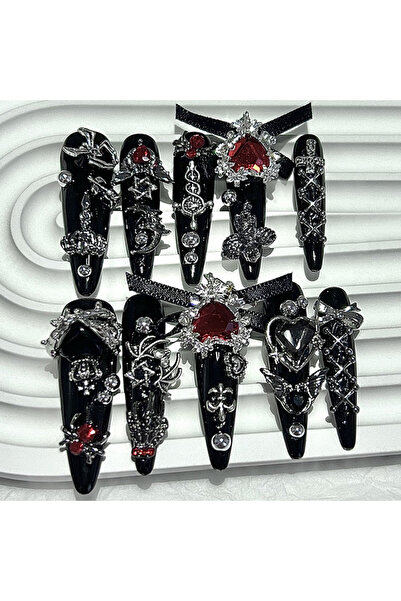 Choice S Menhera Y2K Girls Black Red Long Tip Handmade Press On Nails Cross S...