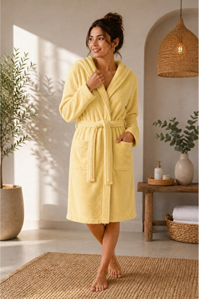 Türkühome Cotton Textured Women's Bathrobe with Hood and Pockets, Daily Home ...