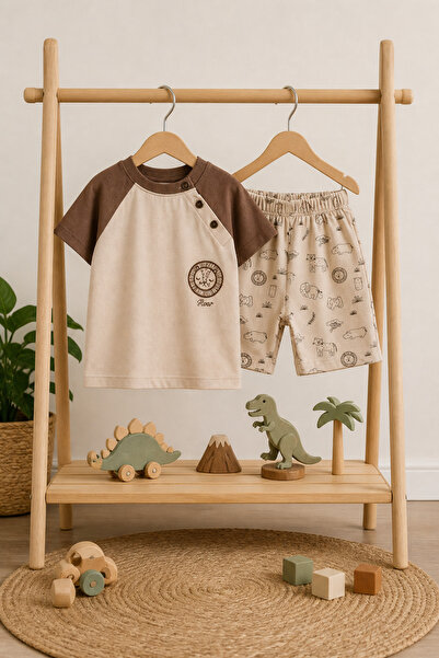 Minelia Kids Baby Boy 100% Cotton Lion Printed Safari Shorts Set - Cream Brow...