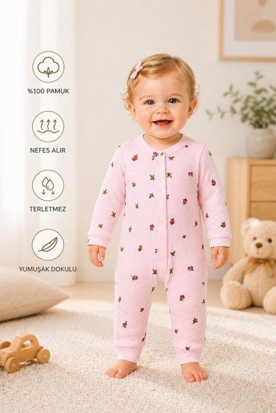 METEOR BABY Baby Girl Floral Patterned Jumpsuit with Snap Fasteners Seasonal Baby Romper