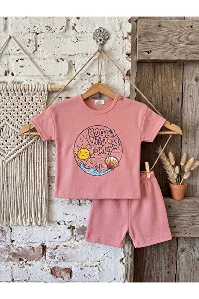 babykugu Unisex Waffle Kumaş Çocuk Bohem İkili Takım