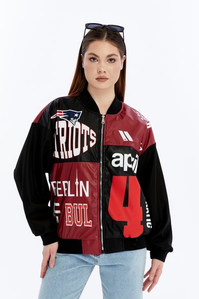 CHOS7N Women's Oversize Printed Leather Biker Coat Zippered Racer Jacket Lined Bomber College Coat Daily Use Red