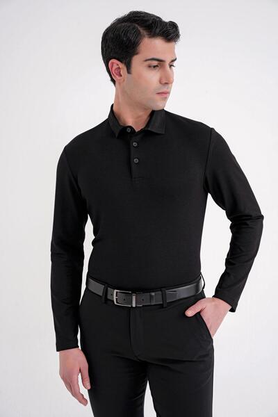 Efor Comfort Fit 97% Flexible Cotton Polo Collar Long Sleeve Black T-Shirt Ts...