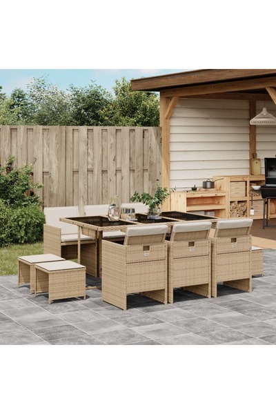 vidaxl Set mobilier de gradina cu perne, 11 piese, bej, poliratan