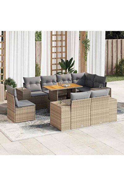 vidaxl Set canapele de gradina, 9 piese, cu perne, bej, poliratan