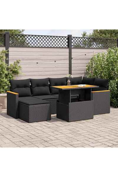 vidaxl Set canapele gradina perne 7 piese negru, poliratan/lemn acacia