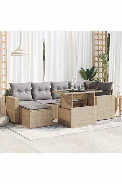vidaxl Set canapele de gradina, 7 piese, cu perne, bej, poliratan