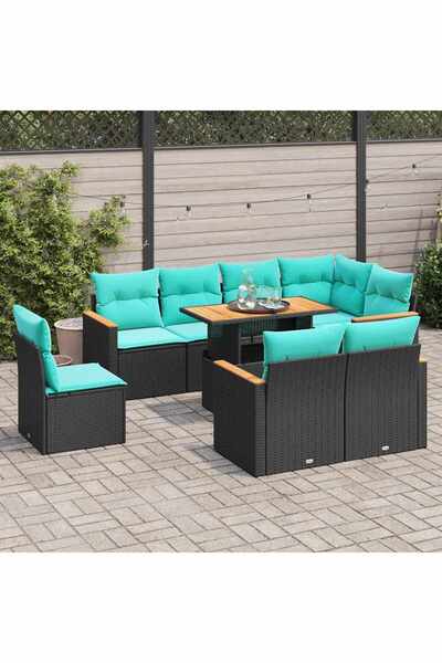 vidaxl Set mobilier de gradina cu perne, 9 piese, negru, poliratan